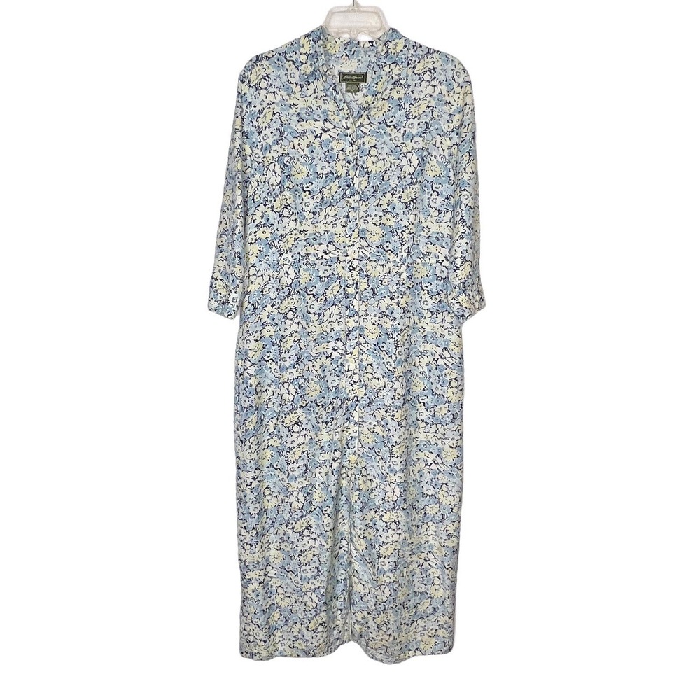 Eddie‎ Bauer Dress 16 Blue Yellow Floral Print Linen Blend Button Front